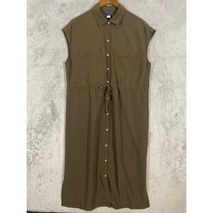 Old Navy Shirt Dress Sz M Reishi‎ Brown Sleeveless Utility Midi Slit Preppy Work
